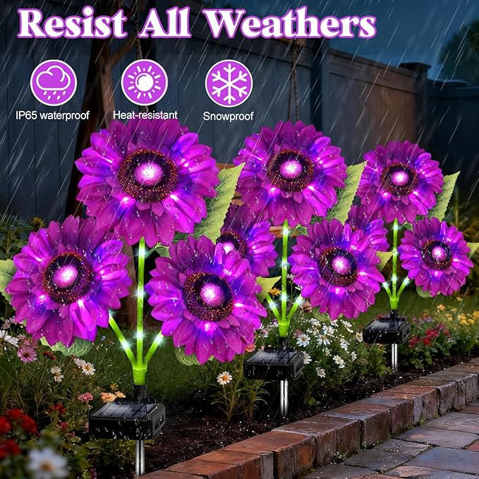 ANGMLN Solar Lights Outdoor Garden Decor 5 Pack with 15 Purple Sunflower Lights Solar Flowers Waterproof Birthday Gifts for Mom Women Outside Decorative Light for Landscape Yard Patio Lawn