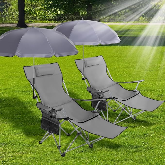 Karenhi 2 Set Beach Camping Chair with Umbrella for Adult Folding Reclining Camping Chair with Foot Rest Adjustable Clamp Canopy Shade for Outdoor Patio Travel Beach (Grey)