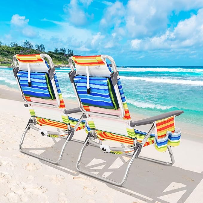 Giantex Folding Beach Chair Patio Sling Chairs with 5 Adjustable Position Head Pillow Storage Bag Towel Bar Cup Holders Backpack Chairs for Sunbathing Camping Chair