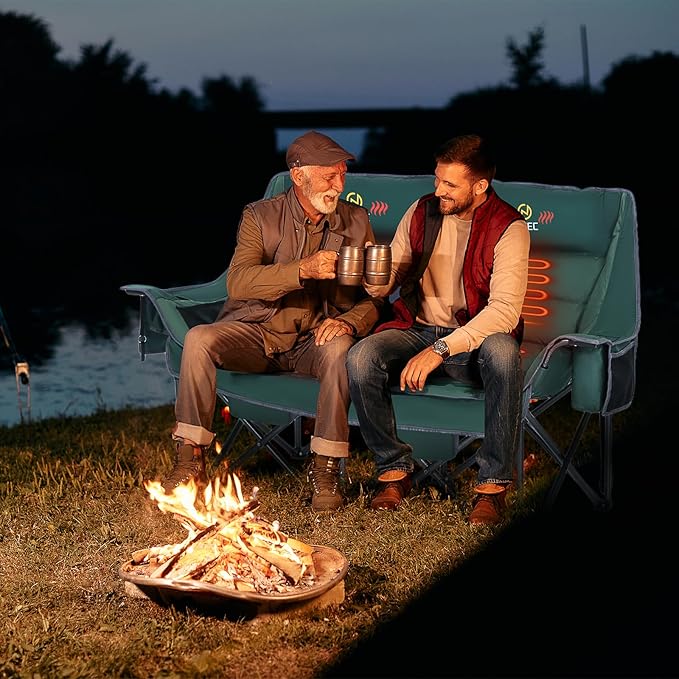 Nice C Heated Camping Chair with Battery Heated Double Camping Couch Oversized Thick Padded Loveseat Heated Camping Chair for Adults with Cooler Bag Bottle Opener Power Bank (Green)