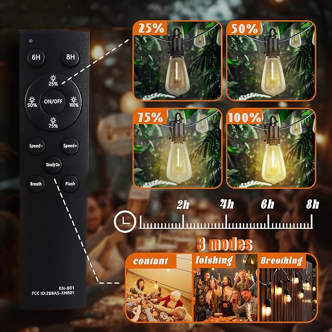 Outdoor Solar Waterproof Light String 50FT Wire and 25+1 LED shatterproof Bulbs dimmable Light Cannon with Remote Control Suitable for Courtyard Terrace Balcony Party Decoration Lighting