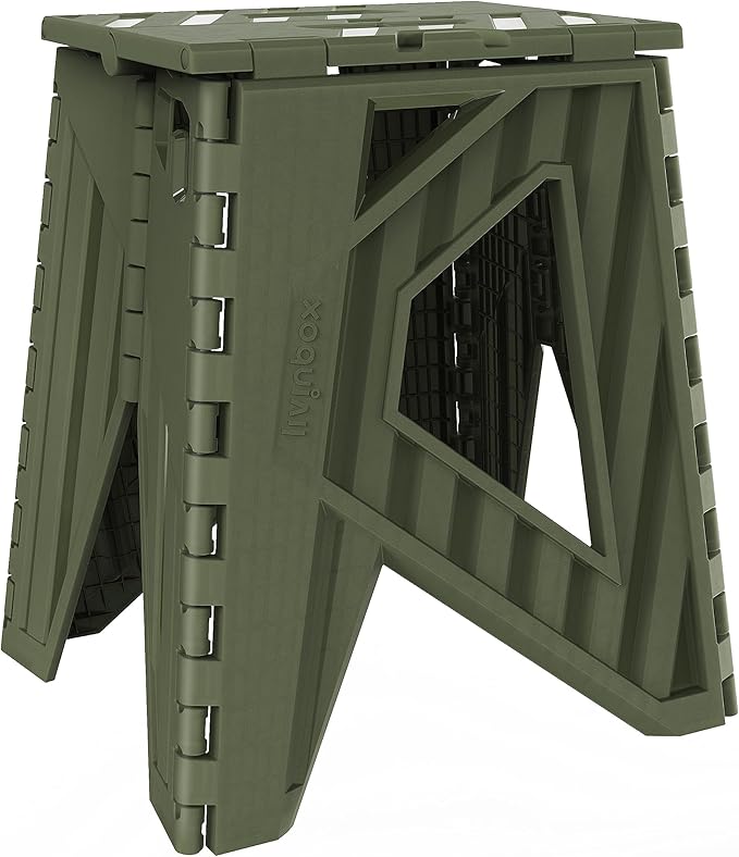 livinbox 15 inch Plastic Collapsible Stool Folding Stool Outdoor Step Stool Opens Easy with One Flip. Great for Kitchen Bathroom Bedroom Kids or Adults Holds Up to 200kg (Khaki Green)