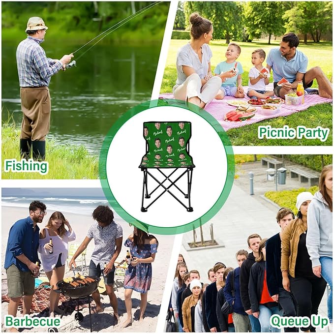 Sinestour Green Custom Photo Folding Camping Chair for Teen Child Personalized Name 14.6×14.6in Portable Outdoor Chair with Carry Bag for Barbeques Picnic Travel