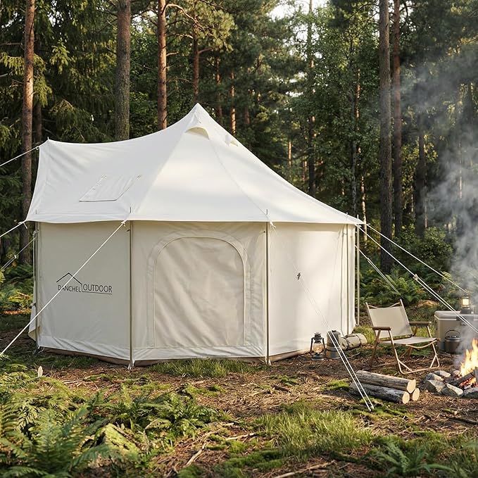 DANCHEL OUTDOOR B6 Luxury Glamping Wall Tent w/Stove Jack No Center Pole Higher Side Wall 900D Flame Retardant Oxford for 4 Season 4-6 Person Family Yurt Cabin Glamping Camping13ft/16.4ft