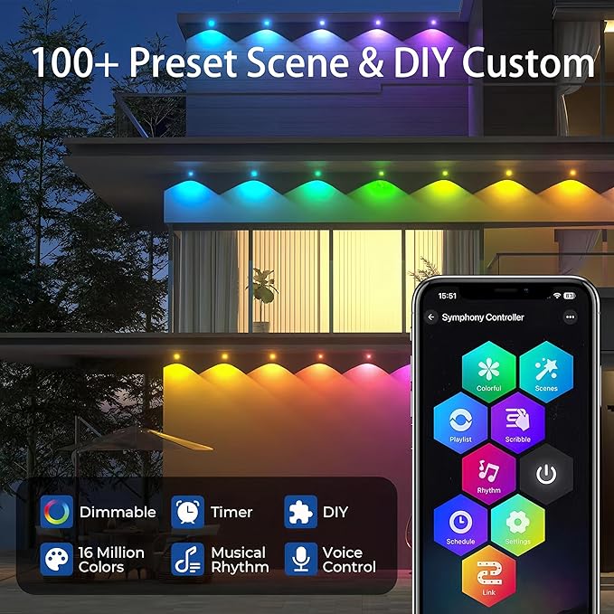 Permanent Outdoor Lights 100FT 60LEDs RGBWC+IC Smart LED Strip with 50+ Scene Modes IP68 Waterproof App &amp Remote Control for Christmas Holiday Roof and Pool Party Decor