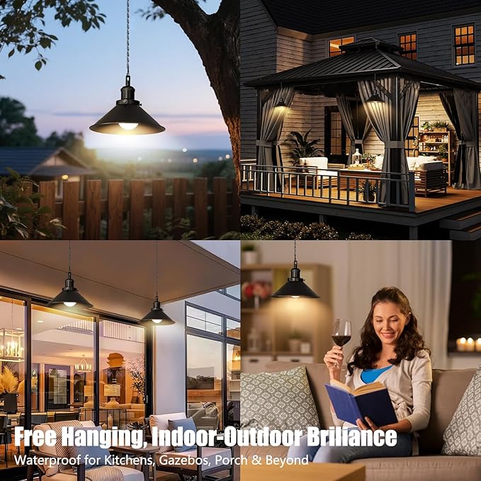1 Pack Black Portable Battery Operated Hanging Light Rechargeable Wireless Outdoor Pendant Light with Remote Battery Powered Chandelier Lantern Fixture for Indoor Outdoor Gazebo Porch Patio