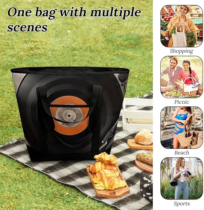 Insulated Shopping BagLarge Reusable Cooler Bags Vintage Vinyl Record Printed Foldable Shopping BagTravel Waterproof Shoulder Bag