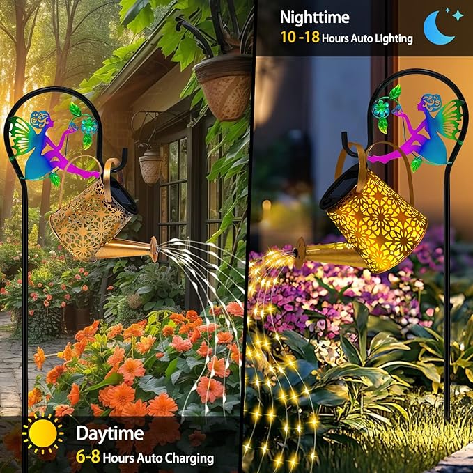 Solar Lights Garden Decorative Solar Watering Can with Cascading Lights Waterproof Metal Lantern with Fairy Shepherd Hook Outdoor Decor for Yard Patio Lawn and Pathway Gardening Gifts for Mom