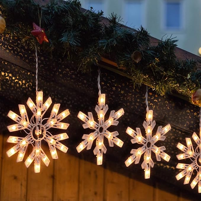 Minetom Snowflake Christmas String Lights with 6 Drops - 9ft 100 Mini Bulb Icicle Lights with Hooks Plug-in Connectable Hanging Lights for Christmas Home Indoor Outdoor Wedding Holiday Décor