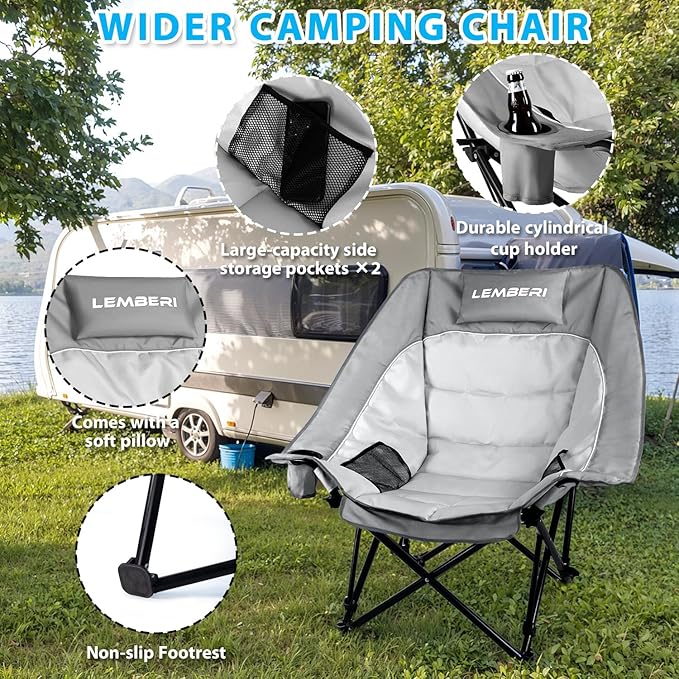 Heavy Duty Camping Chairs - 500lbs Oversized Camping Chair for Adults with 3 Levels Adjustable for Back Padded Folding Wide Outdoor Lawn Chairs with Side Mesh Pocket &amp Cup Holder Grey