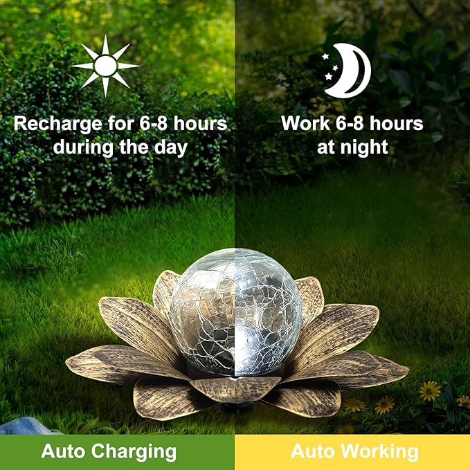 LEWIS&ampWAYNE Solar Garden Lights Outdoor 3 Pcs Coppery Lotus Flower Pathway Lamps with Cool White Crackle Glass Globe Led Lights for Patio Pathway Yard Balcony Garden Decorations