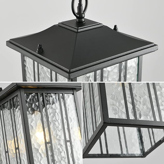 Outdoor Pendant Light Black Exterior Hanging Lights LED Outdoor Chandelier Modern Hanging Lantern for Porch Ceiling Entry Porch Patio Matte Black with Water-Rippled Glasses