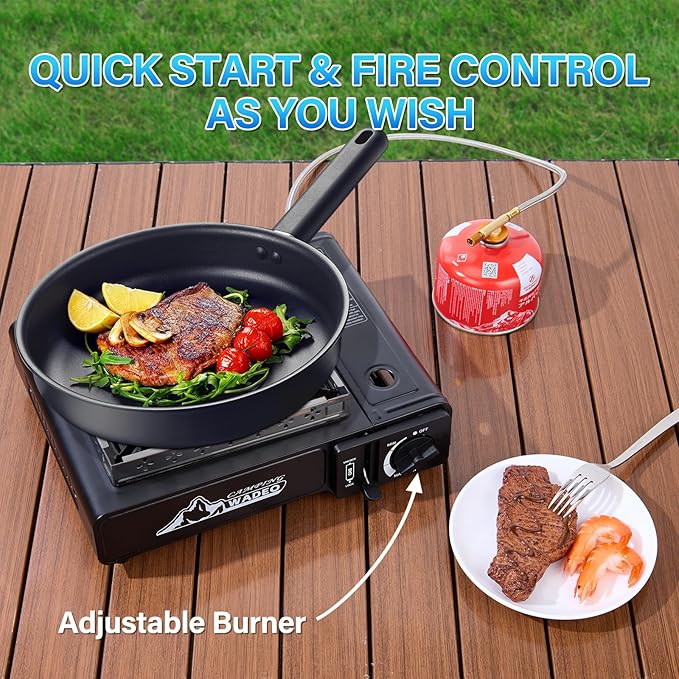 WADEO Three Fuel Portable Camping Stove with Windblocker 3 in 1 Propane Butane Isobutane Stove with Carrying Case and Stainless Steel Hose Adapters Gas Camp Stove for Cooking BBQ Travel RV Hiking