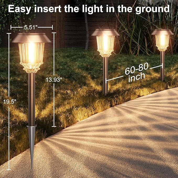 XMCOSY+ Solar Lights Outdoor Waterproof 4 Pack Solar Lights for Outside 10-40 LM Dimmable LED Glass Outdoor Solar Lights for Yard Pathway Garden Lawn Driveway Walkway (Warm White)