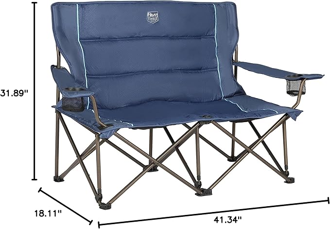 Timber Ridge 2 Person Folding Loveseat Comfortable Double Foldable Camping Chair Folding Lawn Chairs for Outside Blue