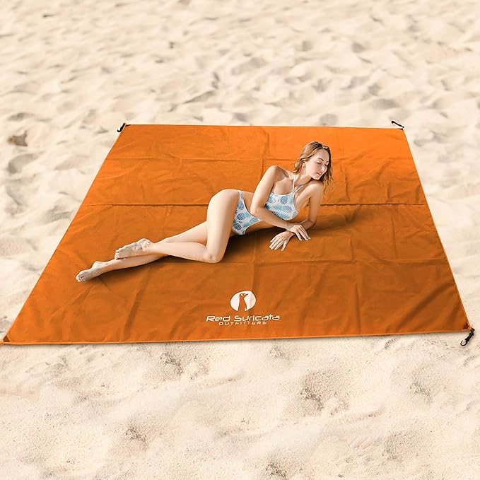 Red Suricata Sand Free Beach Mat – Large Sandproof Beach Blanket Sandless Waterproof – Fits and Matches Beach Canopy - Oversized Sand Proof Beach Mats for Outdoor Picnic Camping (Large Orange)