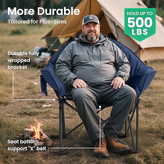 Oversized Camping Chair 500lbs Heavy Duty - Moon Saucer Folding Chair with Cup Holder Padded for Outdoor Lawn Sports Patio (Blue &amp Gray)