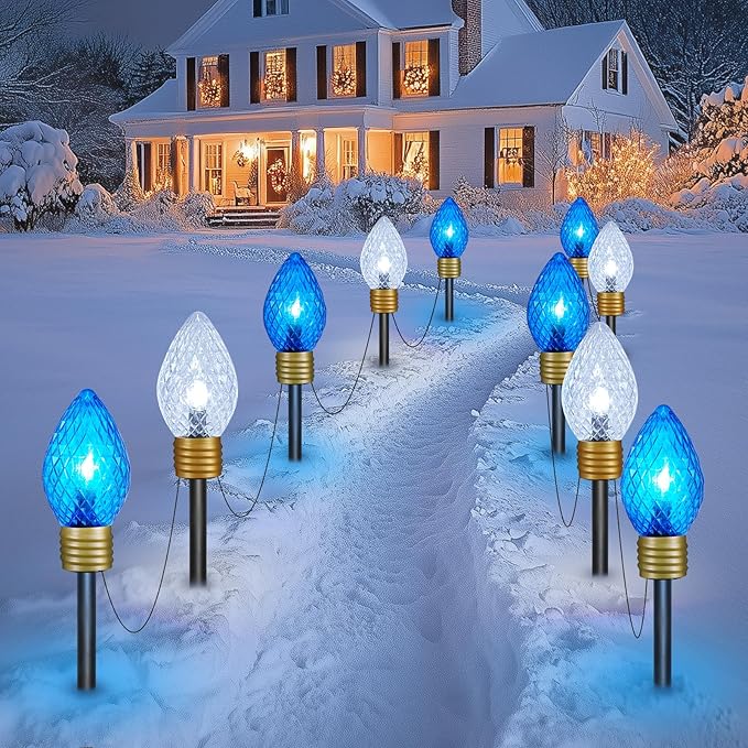 Brightown Strawberry Jumbo C9 Christmas Pathway Lights Outdoor -2 Pack Total 17 Feet 10 LED Jumbo C9 Walkway Lights Christmas Light Outdoor Decorations for Lawn Outside Holiday Blue &amp Pure White