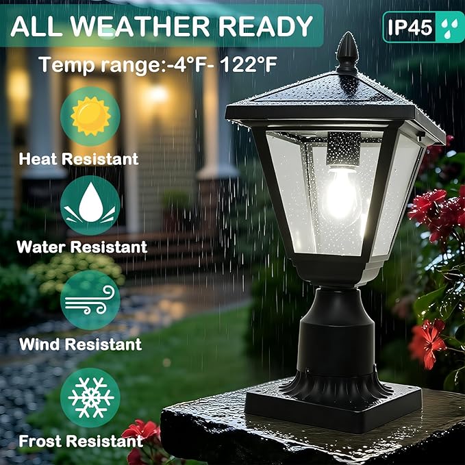 Solar Post Lamp Lights Metal and Glass Built Dusk to Dawn Solar Post Lights with Pier Mount Base 6000K Outside Lights Outdoor Waterproof for Garden Yard Pole Pillar(Cool White)