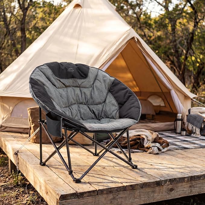 Oversized Portable Moon Camping ChairsRound Folding Lawn Chair w/Cup HolderOutdoor Heavy Duty Supports 500Lbs Comfy ChairPerfect for Family CampHikingPicnics and Beach TripsBlack