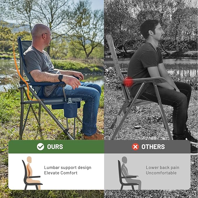 TIMBER RIDGE Oversized Folding Camping Chair with Lumbar Support Adjustable High Back Heavy Duty for Adults Support up to 500lbs with Cup Holder Cooler Bag Side Pocket Blue 2 Pack