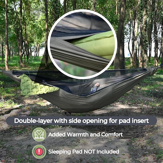 Onewind 11ft Zipper Hammock with Mosquito Net for Camping Portable Double-Layer Northers Hammock with Adjustable Ridgeline for Camping Hiking and Backpacking OD Green Sleeping Pad Not Included