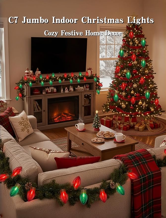 16FT Jumbo Red and Greeen Christmas LightsOutdoor Giant Christmas Decorations Lights with 10 LED Clear Red and Greeen Bulbs for Tree Holiday Home Roof Yard Garden Decorations