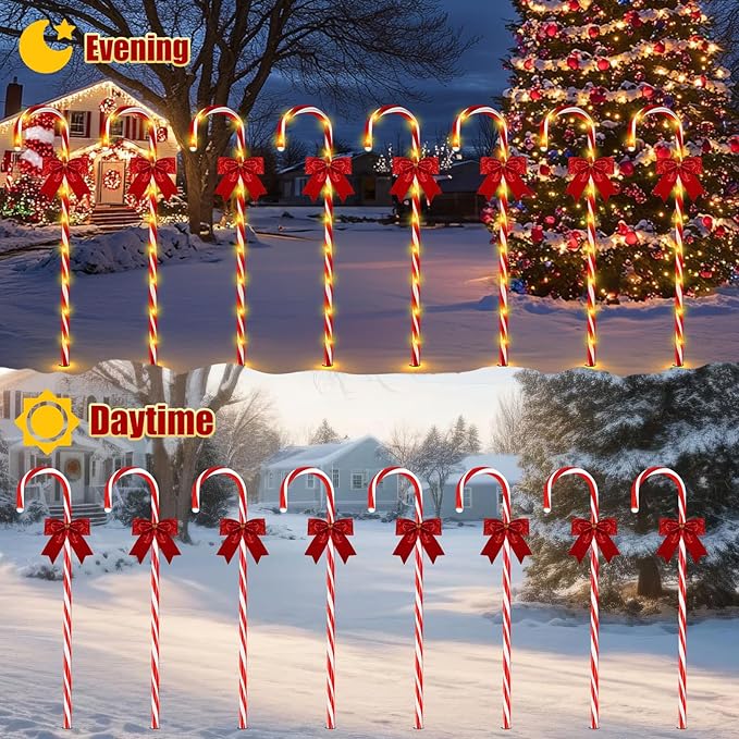 Christmas Candy Cane Pathway Lights 24PCS 240 LED Christmas Lights Outdoor Decorations with Red Bow Waterproof 8 Modes Timer Remote Walkway for Xmas Home Yard Lawn Patio Decor