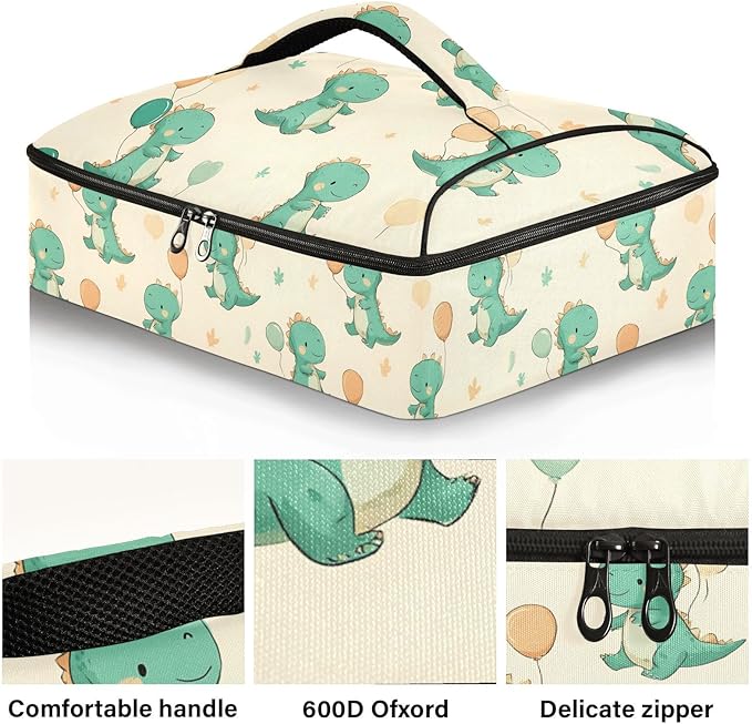 Casserole Carrier Cute Green DinosaursInsulated Casserole Carrier for Hot or Cold Food Thermal Lunch Tote for Potluck Parties Picnic Beach Fits 9 x 13 Inches Baking Dish