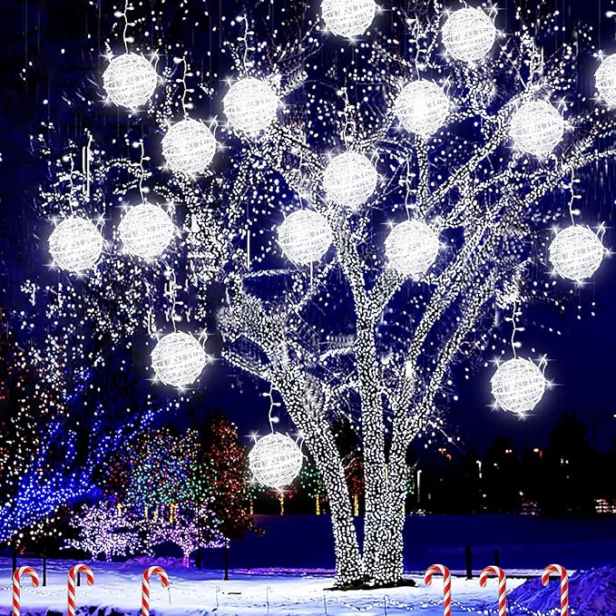 Outdoor Christmas Balls Lights Tree Lights Waterproof 4 Pack 7.87 LED Hanging Globe Sphere Lights with 8 Lighting Modes Memory Timer Plug for Party Wedding Xmas Porch Patio Garden Yard Decorations