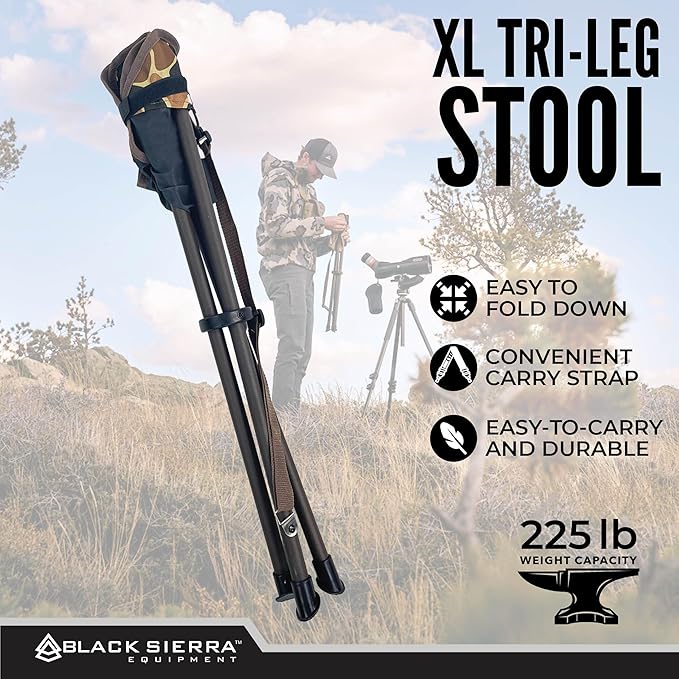 Black Sierra Folding Hunting Stool w/Shoulder Strap Supports 225 lbs Lightweight Collapsible Tripod Seat Foldable Steel Frame Chair Perfect for the Hunting Blind