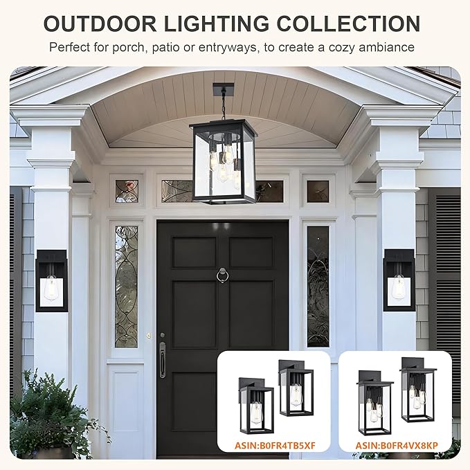 TODOLUZ 4-Lights Large Outdoor Pendant Light Fixture Farmhouse Waterproof Black Porch Hanging Lighting with Adjustable Chain Seeded Glass Panel &amp E26 Bulb Base for Patio Garden Entryway