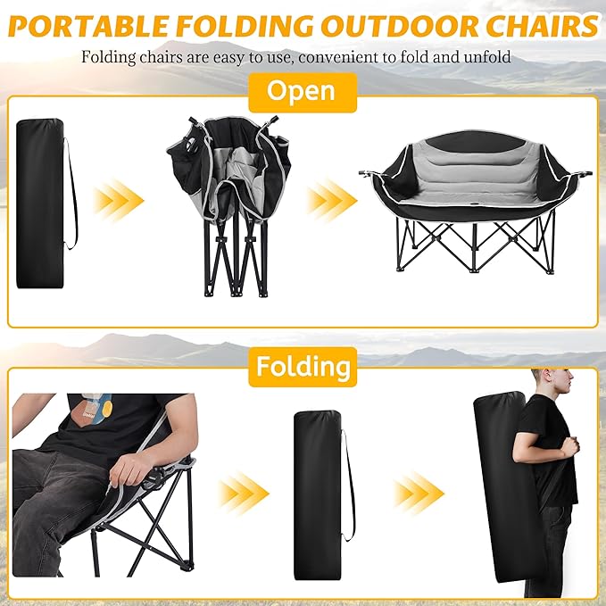 UBALANCE Double Camping Chair for Adults - Heavy Duty 650LBS Portable Camping Chairs Oversized Camping Loveseat Folding Camping Chair for Garden Lawn Sport Picnic Beach Fishing (Gray)