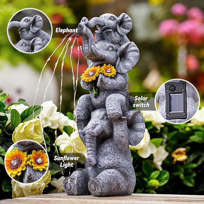 Solar Garden Decor Elephant Statue Outdoor Luck Triple Elephant Decorations for Yard Porch Lawn Patio - Ideal Gifts for Women Mom Grandma Senior Elder or Birthdays 12