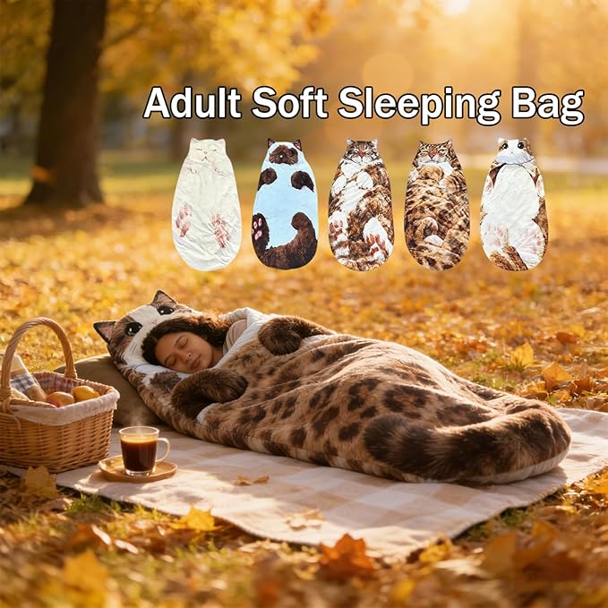 Fluffy Cat Sleeping Bag for Adults – Plush Soft Envelope Shaped Sleeping Bag for Humans Cozy Warm Nap Sack for Camping Home Travel Extra Large Cute Cat Design