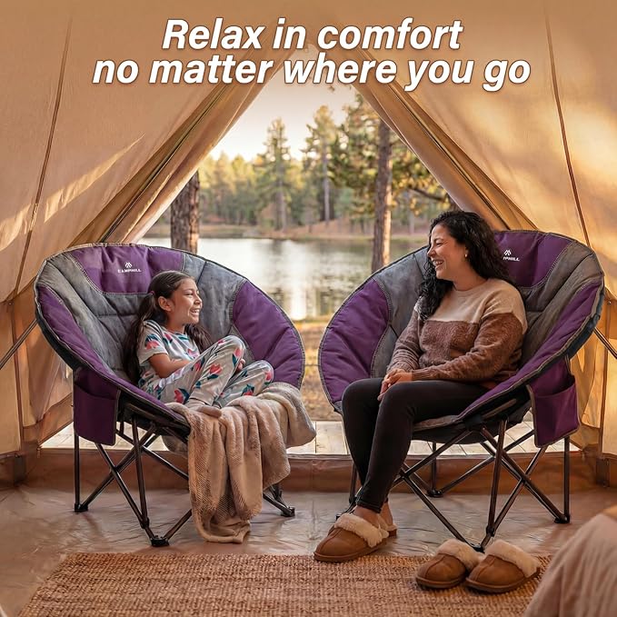 Oversized Camping Moon ChairsFolding Round Padded Sofa Chair for AdultsOutdoor Lawn Chairs w/Side PocketPerfect for IndoorFamily CampingPicnics and GardenPurple&ampGrey