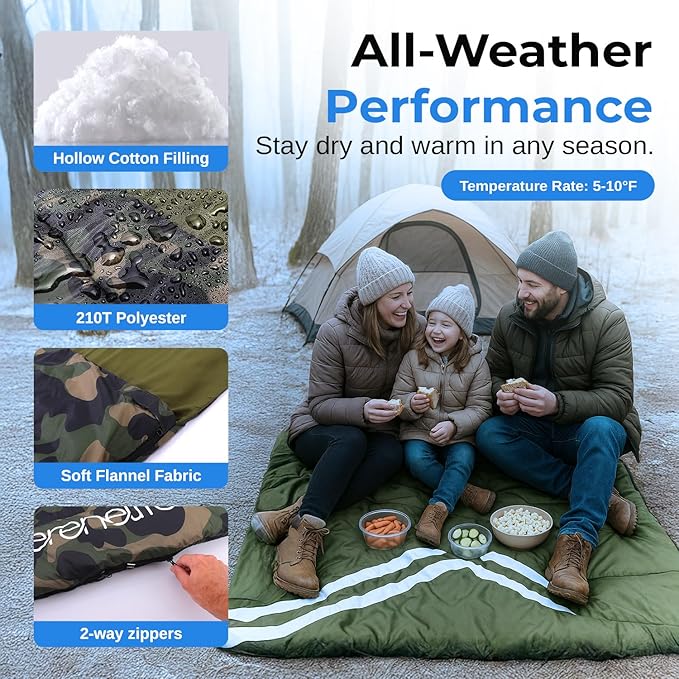 SereneLife Double Sleeping Bag with Pillows Waterproof &amp Detachable for 2 Single Bags Lightweight &amp Warm Perfect for Camping Hiking Backpacking and Cold Weather Suitable for Temperature