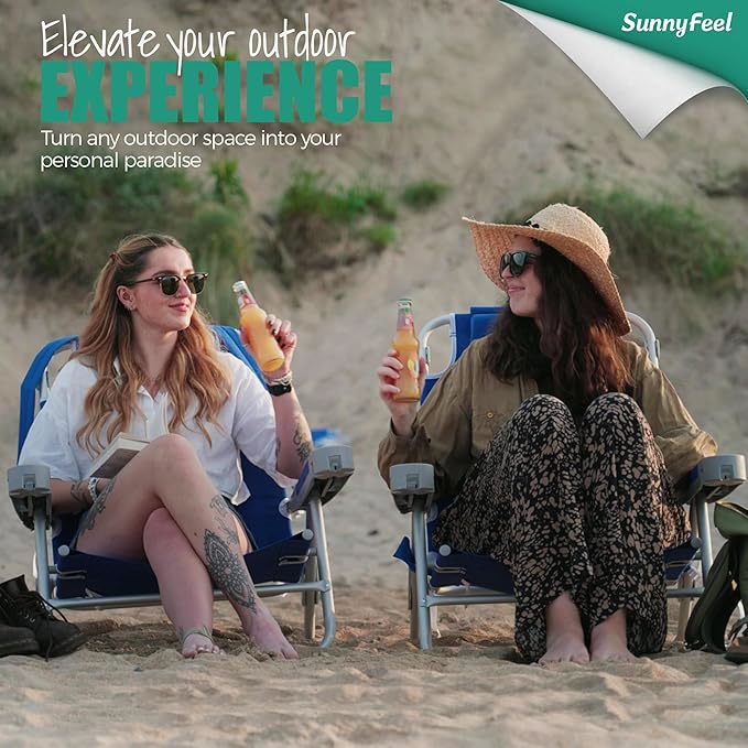 SUNNYFEEL Extra Wide 28 Low Beach Chair 2 Pack 5 Position Lay Flat XL Oversized Portable Folding Camping Chairs with Cup Holder for Outdoor/Trip Foldable Backpack Beach Chair for Adults