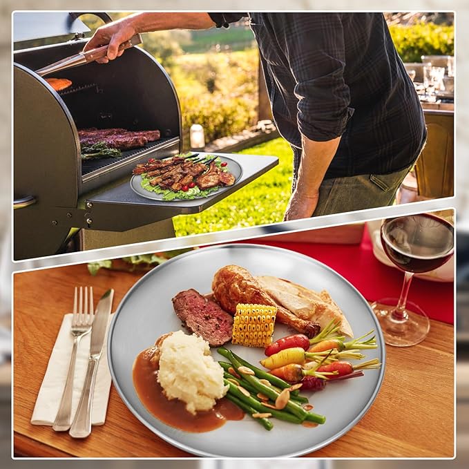 Stainless Steel Plates 8 Pack 11.8 inch 304(18/8) Metal Food Serving Plate Set Reusable Snack Eating Dishes Round Shatterproof Plate Silver BBQ Dinner Lunch Dinnerware Oven Dishwasher Safe