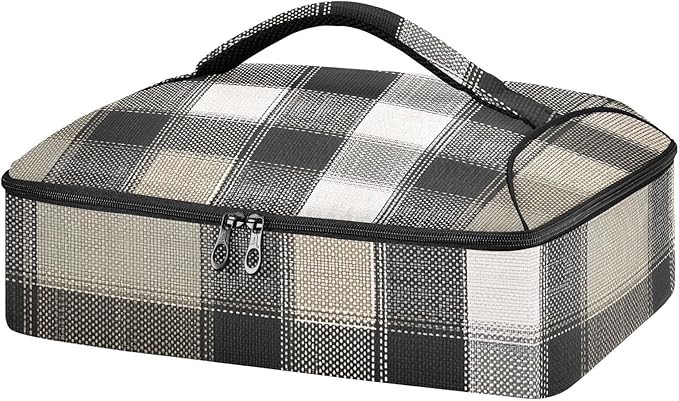 Casserole Carrier Black White Brown Tartan Plaid Insulated Casserole Carrier for Hot or Cold Food Thermal Lunch Tote for Parties Picnic Travel Carry Bag
