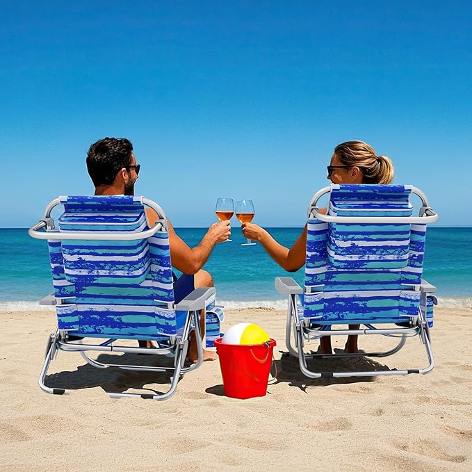 Giantex 2-Pack Backpack Beach Chair - Foldable Camping Chair with 5 Adjustable Position Cup Holder Storage Pockets Straps Towel Rack Pillow Lay Flat Lawn Chair for Patio Outdoor Blue Stripe