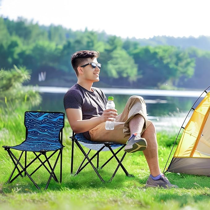 Simple Line Stars Electric Blue Wave Pattern Packable Backpack Chairs for Adults Ultralight Backpacking Camp Chair Carry Bag Included Ice Fishing Chairs for Camping Ice Fishing