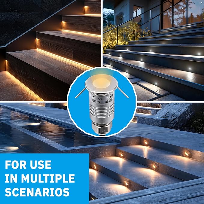 201 Mini Underground Lamp 1W DC12V IP67 Low-Voltage Recessed Type Stainless Steel 304 Cover Suitable for Outdoor Grounds Decks Squares Parks Courtyards (3000K 4Packs)
