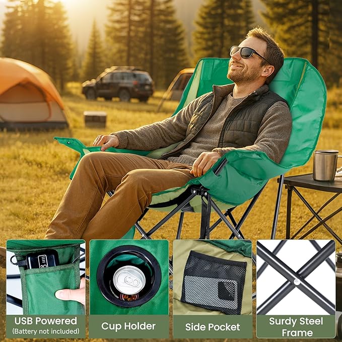 ABORON Oversized Rocking Camping Chair for Adults Fully Padded Folding Outdoor Lawn Chair with Side Pocket Portable Recliner Chair for Camp Patio Backyard Supports 400 lbs
