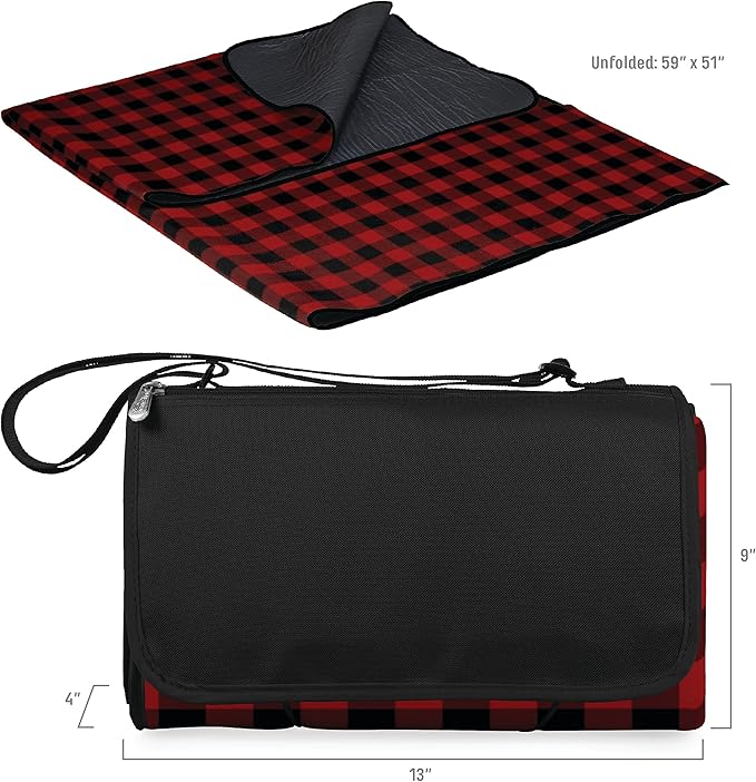 PICNIC TIME Outdoor Picnic Blanket Tote 59x51 Foldable Beach &amp Camping Blanket with Soft Fleece Water-Resistant Bottom Adjustable Strap &amp Zippered Pocket (Red &amp Black Buffalo Plaid)