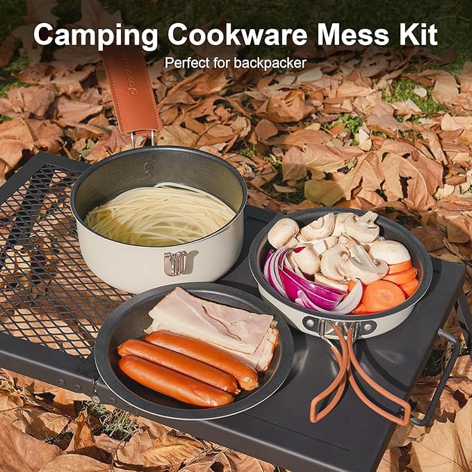 Odoland 10pcs Camping Cookware Non-Stick Camping Pot and Pan Set with Plate Bowl Fork Knife Spoon for Backpacking Hiking Outdoor Cooking and Picnic