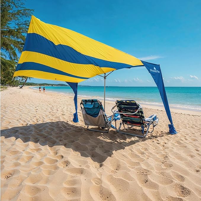 Shark FIN Shade Beach Tent Wind Sun Canopy Portable Easy Set Up UPF 50+ No Assembly Required 3-30 MPH - 1 to 8 People - Tie Downs Included - 2 Sizes Large 9' X 10' &amp Giant 13.5' X 10' PATENTS Pend