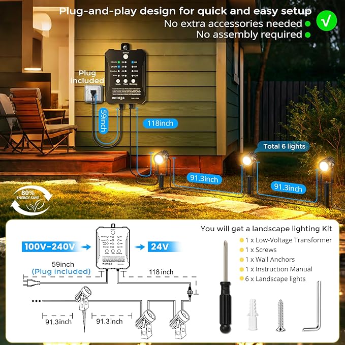 Plug and Play Low Voltage Landscape Lighting Kit 6-Pack Wired Landscape Lights with Smart Transformer Warm White Waterproof Outdoor LED SpotLights for Yard Garden Pathway Tree