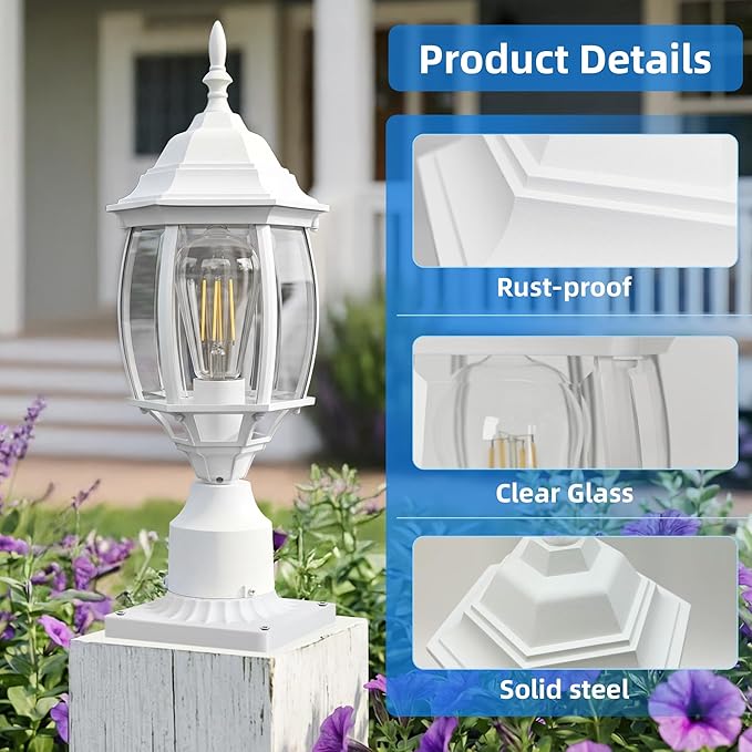 2 Pack White Outdoor Lamp Post for Patio Pathway 17inch White Outdoor Post Light Fixture for House Pier Mount Outside Lighting Exterior Pole Lamp 17” Coach Light