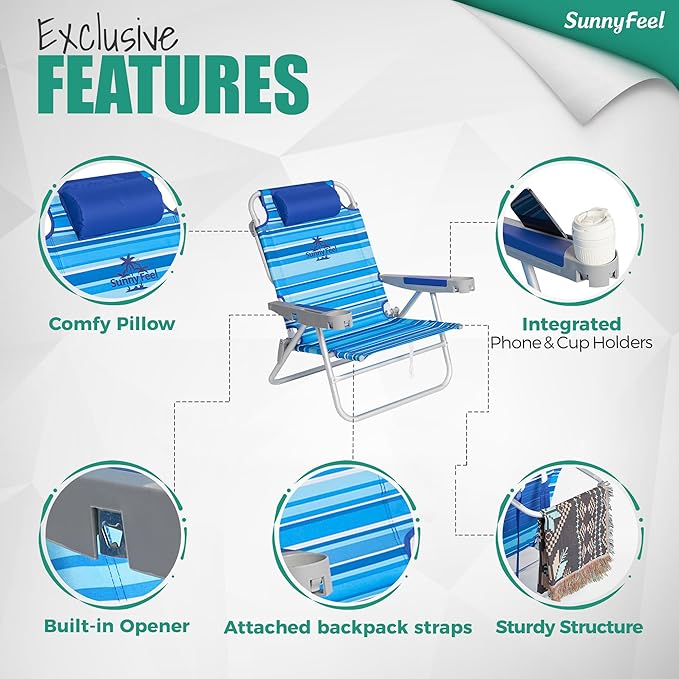 SUNNYFEEL Extra Wide 28 Low Beach Chair 2 Pack 5 Position Lay Flat XL Oversized Portable Folding Camping Chairs with Cup Holder for Outdoor/Trip Foldable Backpack Beach Chair for Adults